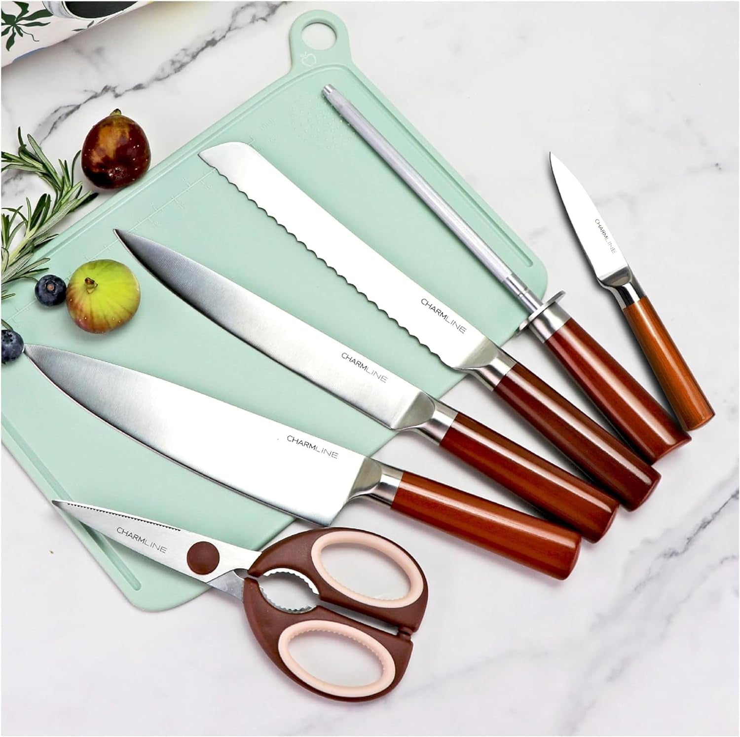 Smart Cutting Board and Knife Set with Holder, Double Cleaning and Drying Function, Space Saving Smart Home Gadgets, Keeping Kitchen Clean and Tidy, Brown