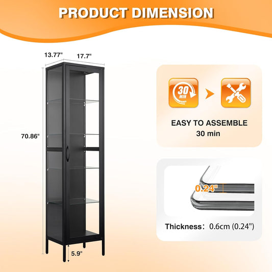 Black Metal Glass Display Cabinet with Adjustable Shelves, 71" X 18" X 14"