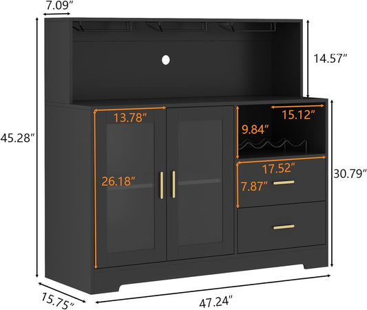 Wine Bar Cabinet with LED Light, Wine & Glass Rack, Storage & Drawers, Black