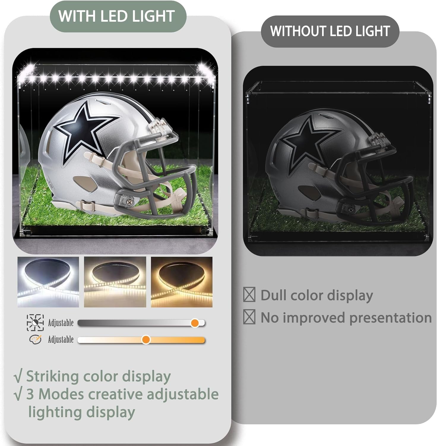 Football Helmet Display Case Full Size - LED Tricolor Light Strip, Artificial Turf Grass, Mirror Back, Focus on Helmet Display Case.