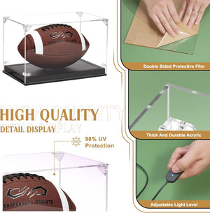 Football Display Case with LED, Thickened UV Protection Clear Acrylic Lid Football Holder, Wood Football Base Stand Football Cases for Signed Football Full Size