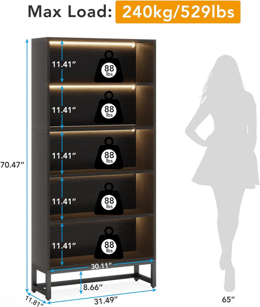 Black Tall Bookcase with LED Lights, 70.8” Free-Standing 5-Tier Shelves for Living Room, Bedroom