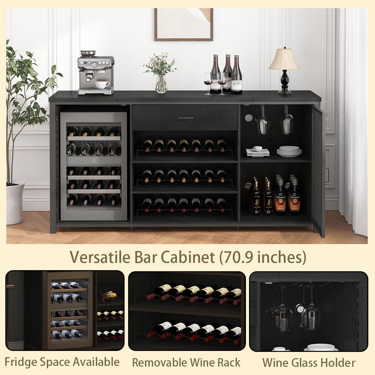 70" Coffee Bar Cabinet with Fridge Space, Wine Rack, and Storage Drawer, Black Oak