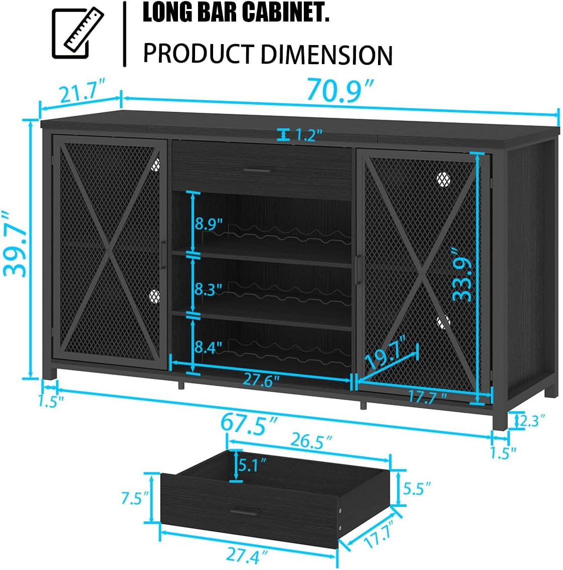 70" Coffee Bar Cabinet with Fridge Space, Wine Rack, and Storage Drawer, Black Oak