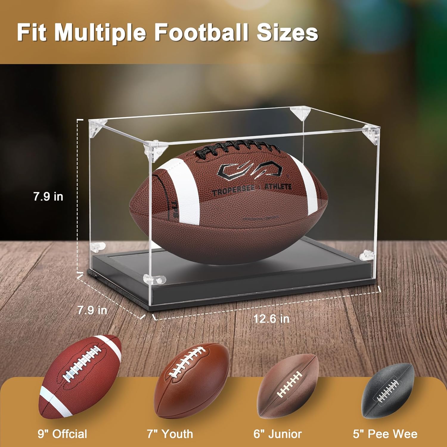 Football Display Case with LED, Thickened UV Protection Clear Acrylic Lid Football Holder, Wood Football Base Stand Football Cases for Signed Football Full Size