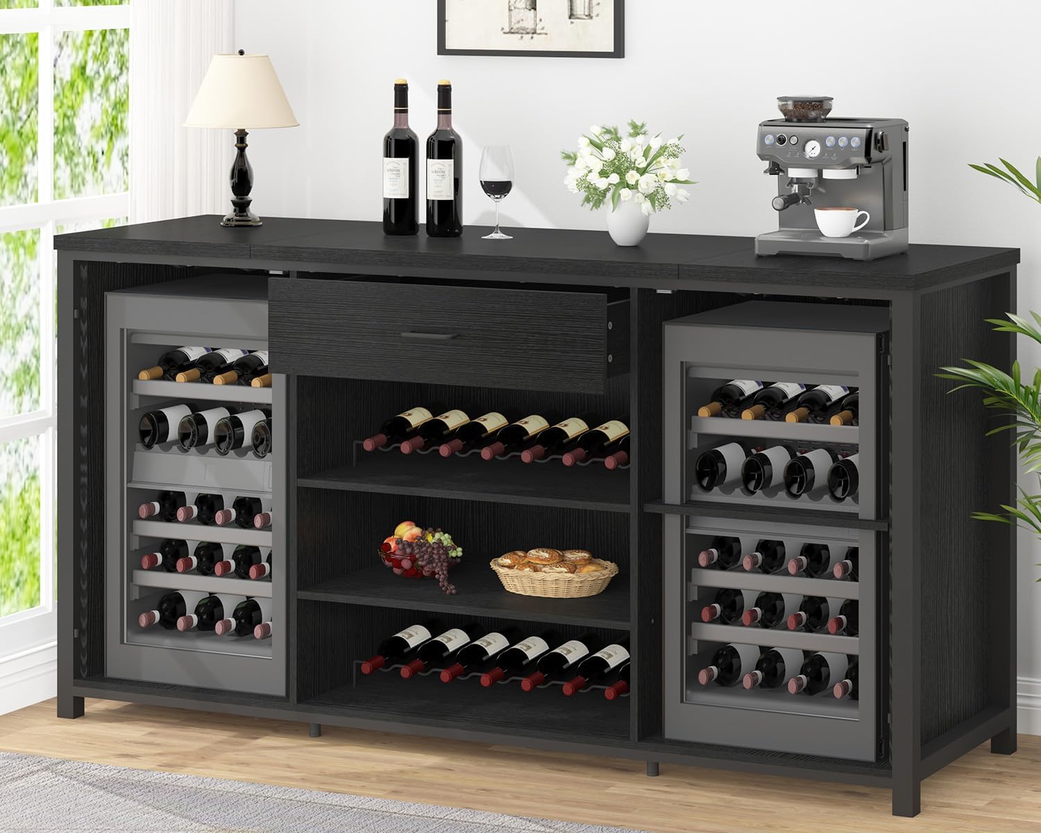 70" Coffee Bar Cabinet with Fridge Space, Wine Rack, and Storage Drawer, Black Oak