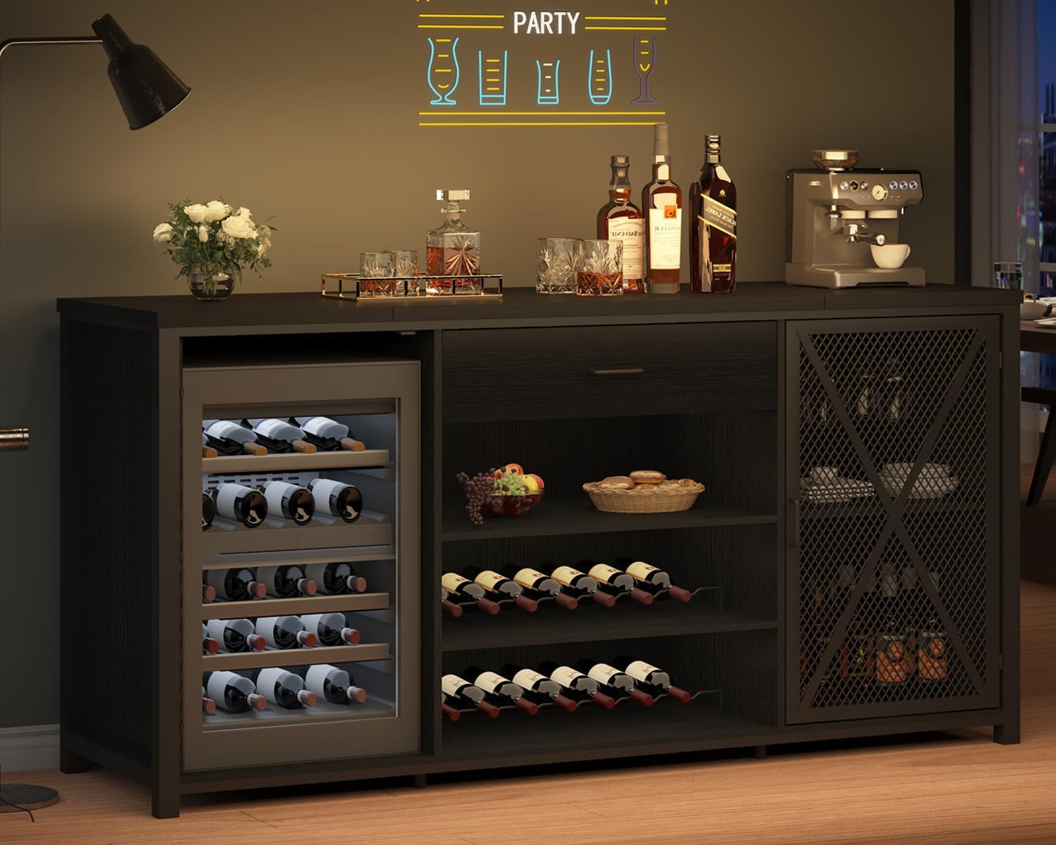 70" Coffee Bar Cabinet with Fridge Space, Wine Rack, and Storage Drawer, Black Oak