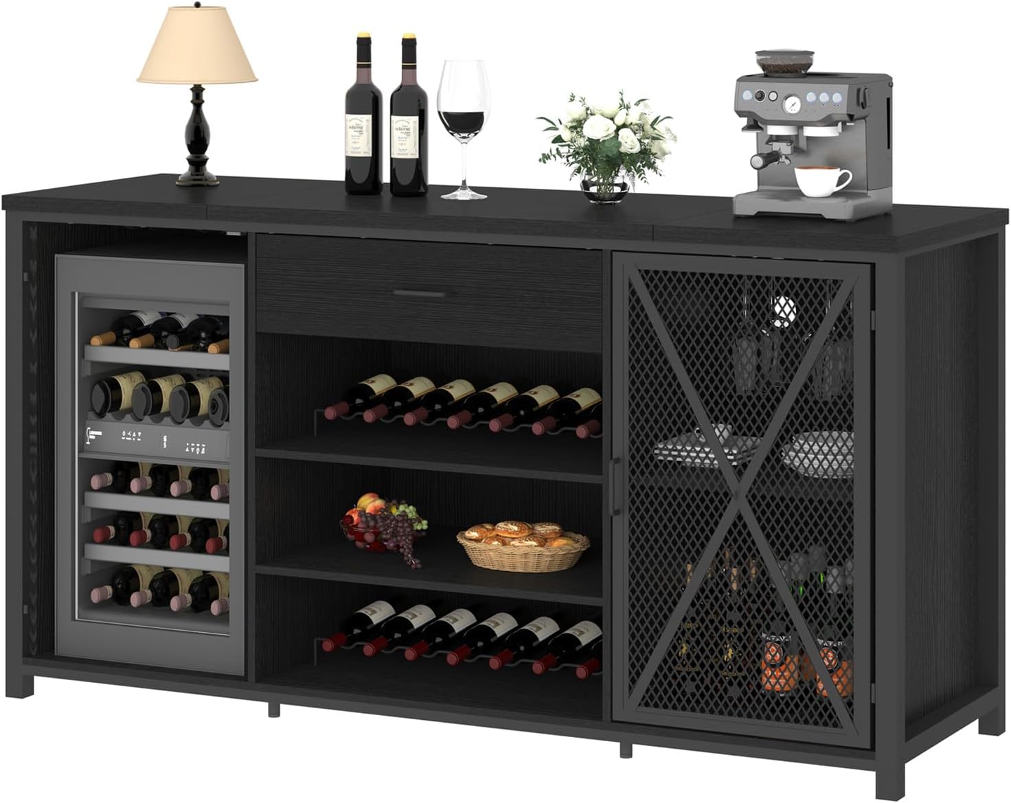 70" Coffee Bar Cabinet with Fridge Space, Wine Rack, and Storage Drawer, Black Oak