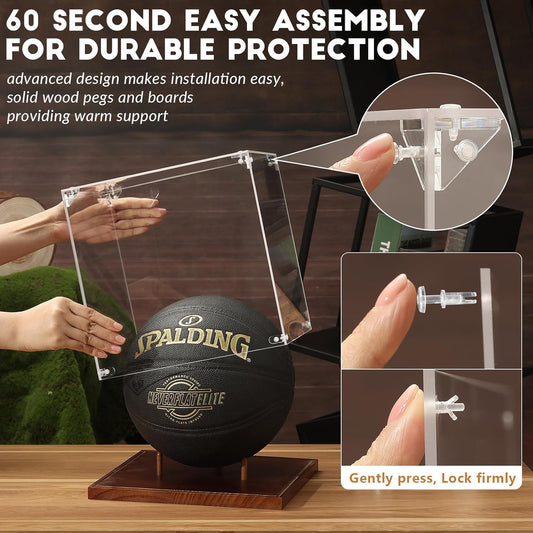 Acrylic Basketball Display Case with Solid Wood Base - UV Protected, 10" Full Size