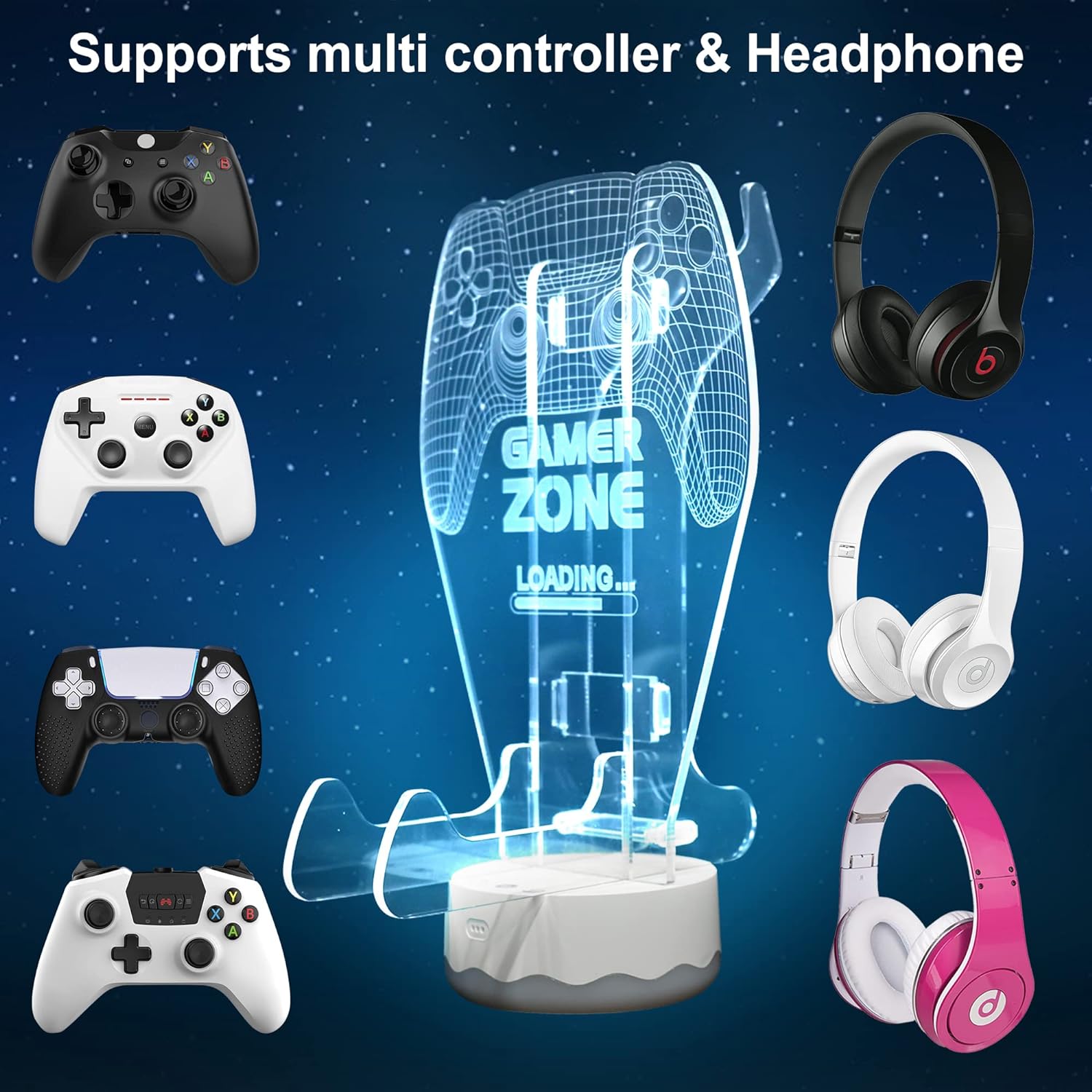 Light Up Headphone and Controller Holder with 16-Color LED, Universal Stand for Gaming Accessories