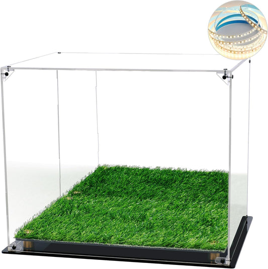 Football Helmet Display Case Full Size - LED Tricolor Light Strip, Artificial Turf Grass, Mirror Back, Focus on Helmet Display Case.