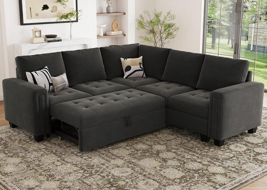 Modular Sectional Sleeper Sofa with Pull Out Couch Bed Velvet Convertible L Shaped Sectional Couch for Living Room Apartment Grey