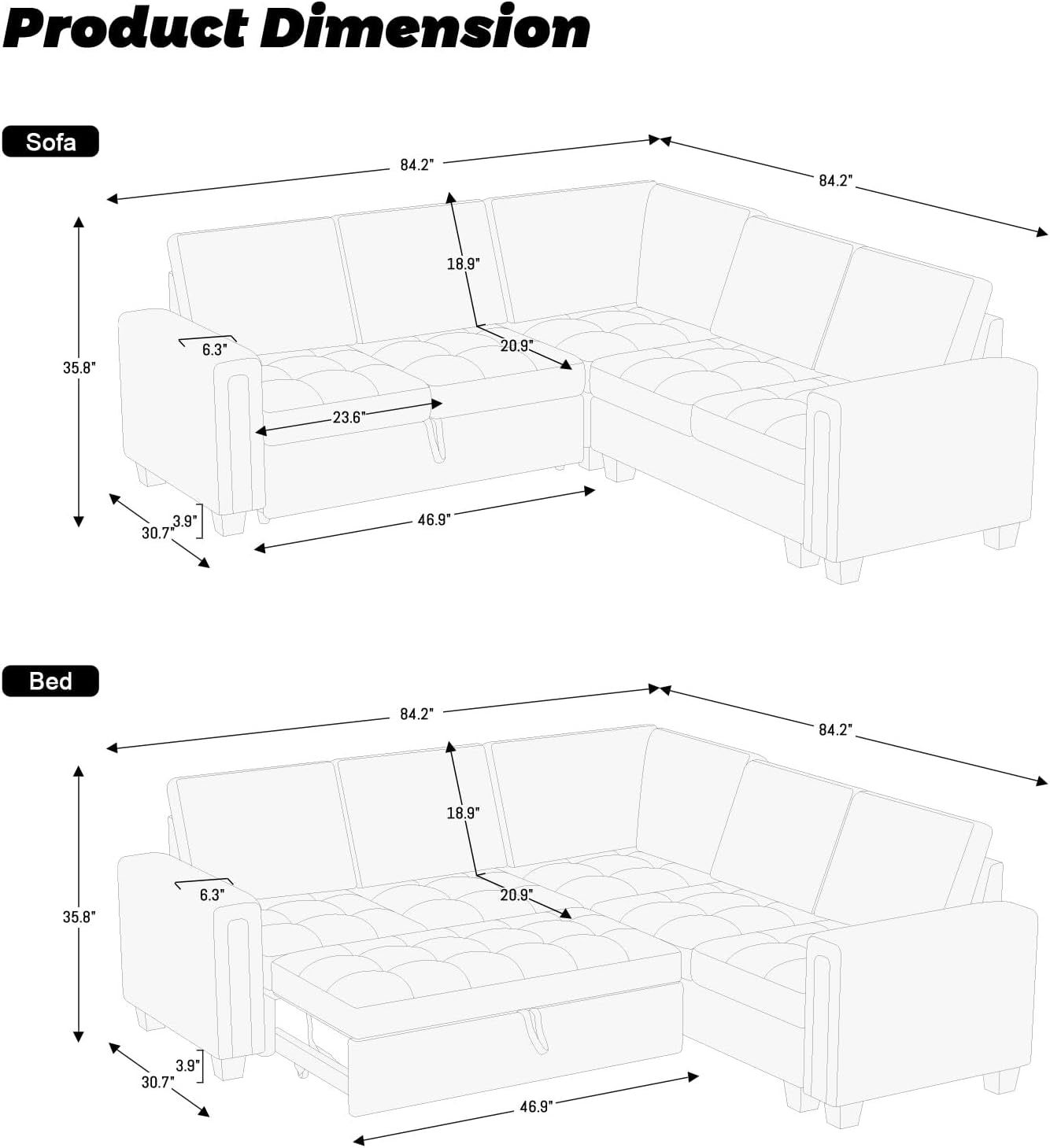 Modular Sectional Sleeper Sofa with Pull Out Couch Bed Velvet Convertible L Shaped Sectional Couch for Living Room Apartment Grey