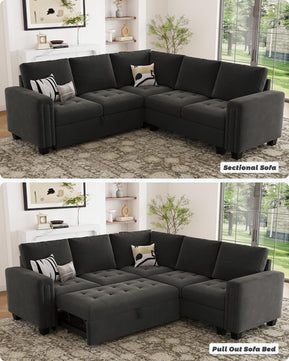 Modular Sectional Sleeper Sofa with Pull Out Couch Bed Velvet Convertible L Shaped Sectional Couch for Living Room Apartment Grey